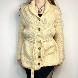 Vintage Baloglou Bros Greek Wool Cardigan Fisherman Sweater Belt Cream